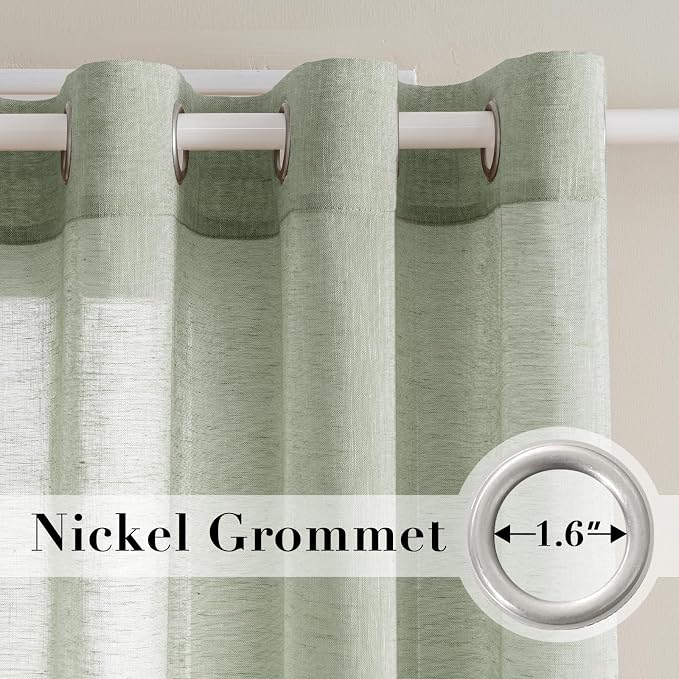 H.VERSAILTEX Linen Curtains Natural Linen Blended Curtain Panels for Living Room/Light Reducing Linen Semi Sheer Curtains 54 inch Length 2 Panels Set Nickel Grommet Window Panels, Sage