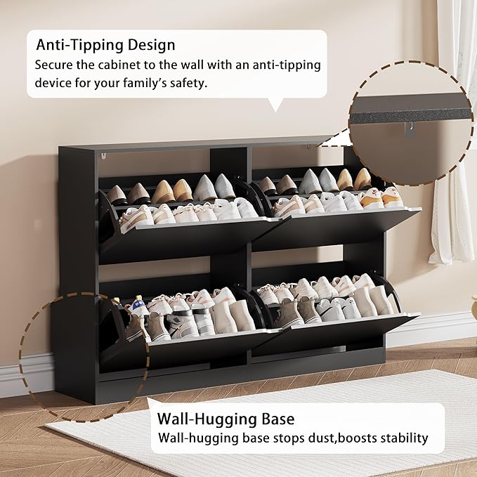 Shoe Storage Cabinet, Wood Shoe Organizer for Entryway with 4 Flip Drawers, Freestanding Shoe Rack with Adjustable Shelf, Narrow Shoe Dresser for Front Door Entrance(Black, 47.24" x 32.28" x 9.44")