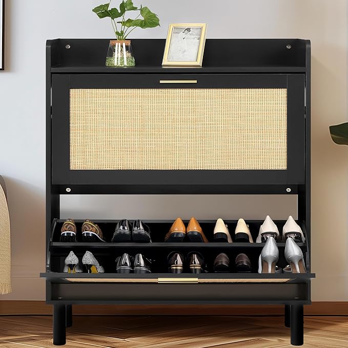 Finnhomy Extended Shoe Cabinet with Natural Rattan Flip Drawers for Entryway, Free Standing 2 Tier Slim Shoe Organizer with Large Top Board, Shoe Cabinet with 3-Gear Adjustable Width Drawers, Black
