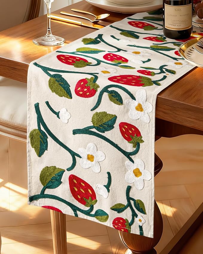 Canvas Embroidered Table Runner - 13"x 72" Coffee Table Runner for Living Room Boho Narrow Tablerunner for Dining Room Washable Cute Kitchen Island Counter Decor Housewarming Gift, Strawberry