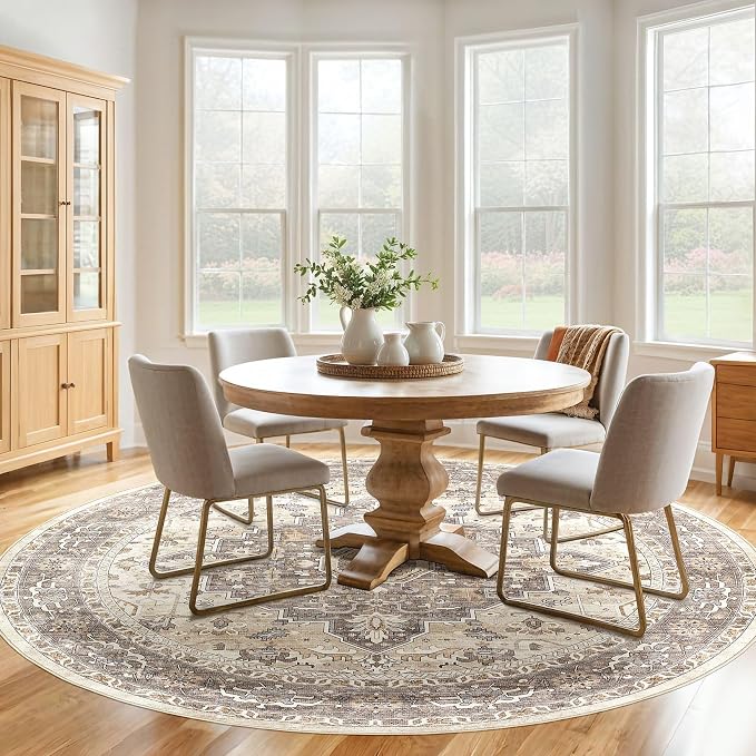 Round Rug Living Room Rugs: 8Ft Washable Boho Neutral Large Circle Soft Indoor Floral Stain Resistant Floor Farmhouse Carpet for Bedroom Nursery Kids Playroom Office Dining Room Dorm Home- Beige Brown