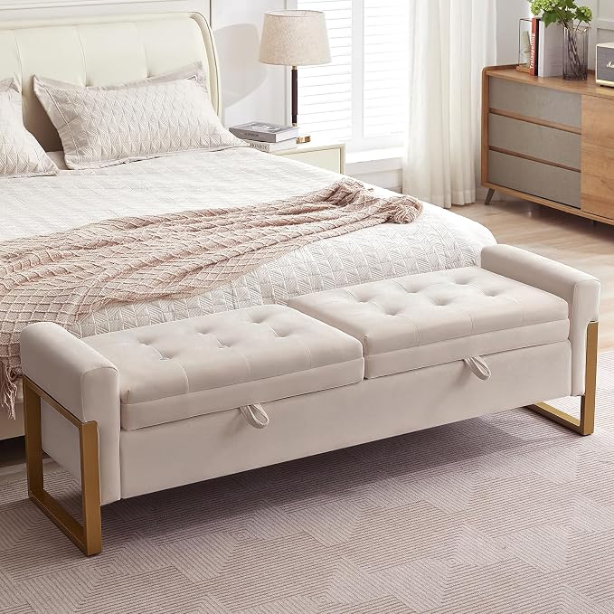 67" Storage Bench for Bedroom End of Bed, Velvet King Size Bed Bench with Double Lids and Gold Legs, Storage Ottoman Bench with Arms for Living Room Window and Entryway, Beige