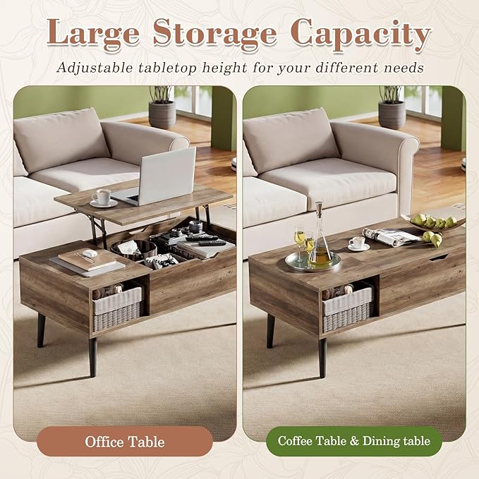 OLIXIS Wooden Coffee Table, Lift Top Coffee Table with Large Hidden Compartment and Ample Storage Shelf, Lift Tabletop Dining Table for Living Room, Home Small Space, Grey