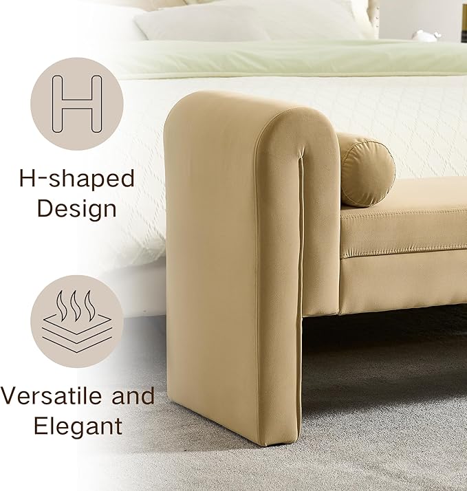 Velvet Bench for Bedroom End of Bed, 60.5- inch Upholstered Button Tufted Ottoman Bench with Rolled Arms, Button-Tufted Ottoman for Living Room, Entryway (Apricot)