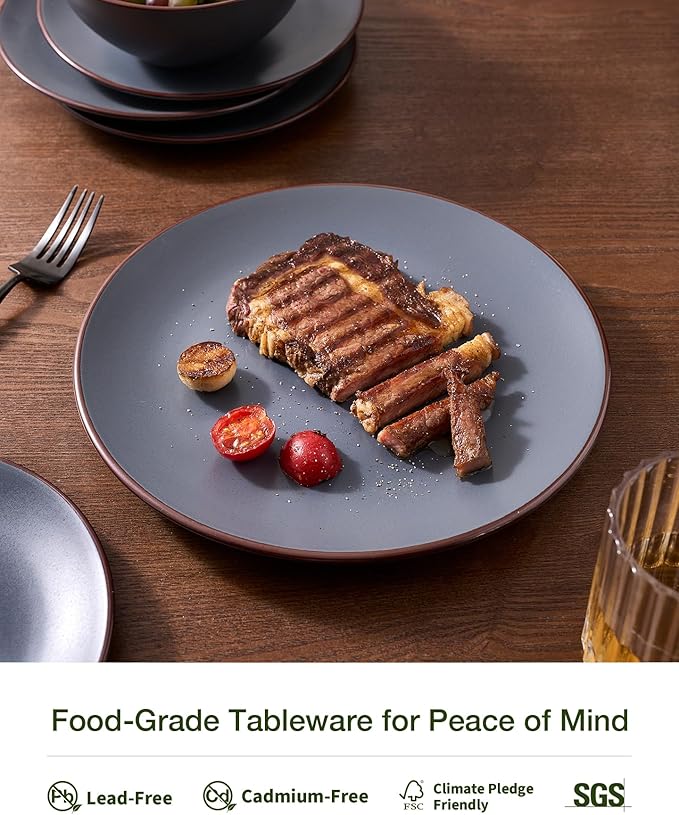 Famiware Venus Speckled Dinnerware Set with Pasta Bowls for 4 (16 Pieces), Stoneware Plates and Double Bowls, Matte Charcoal - Microwave & Dishwasher Safe Dishes with Trim for Everyday & Formal Use