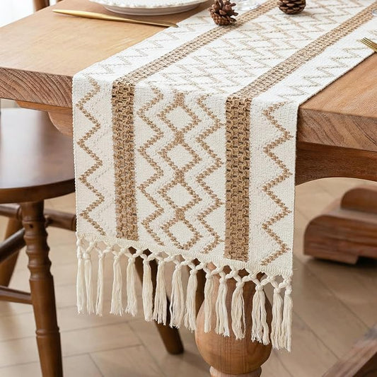 FEXIA Macrame Woven Bobo Table Runner with Hollow and Tassels Design 12x72 Inches for Home Decor Farmhouse Rustic Table Decoration for Living Room, Dining Room