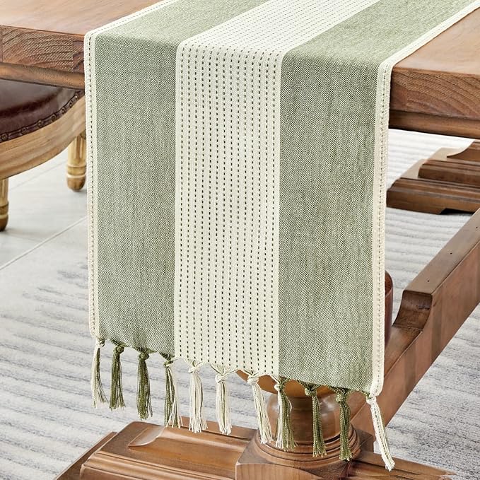 Wracra Linen Table Runner, Farmhouse Macrame Table Runners 108 Inches Long for Dining Table Decor, Wedding, Party and Dresser Decor (Sage Green,108")