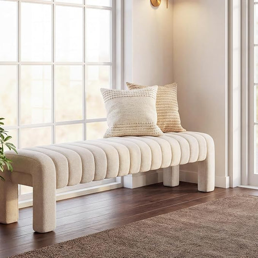 63" Bedroom Bench, Upholstered Entryway Bench, Modern End of Bed Ottoman with Solid Wood Legs and Adjustable Foot Pegs for Entryway, Dining Room and Living Room (Beige Linen)