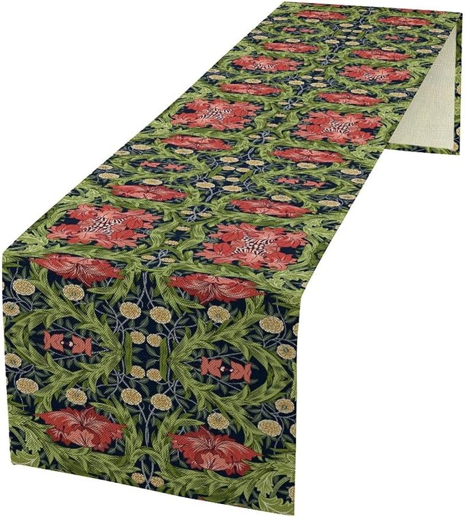 William Morris Flower Table Runner, Vintage Boho Style Plant Pattern Dinner Runner for Home Kitchen Dining Table Decoration 13x36 Inch