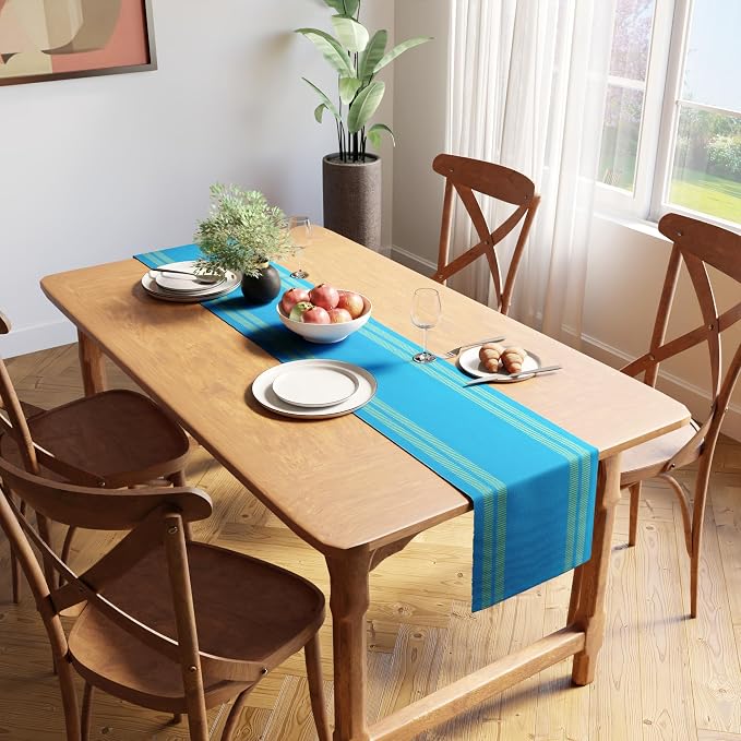 Encasa XO Dining Table Runner 13"x59" | Yarn Dyed Fine Ribbed Cotton | Ladder Turq Blue | Machine Washable