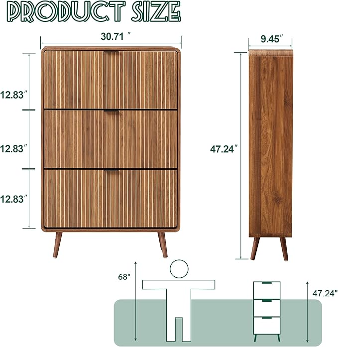 FurSch Narrow Shoe Cabinet Storage for Entryway,Slim Tall Shoe Cabinet with 3 Flip Drawers, Fluted Shoes Rack Organizer (All Walnut, 3 Drawers)