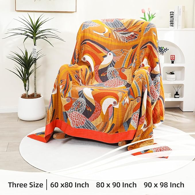 VANJOROY Boho Large Throw Blanket, 100% Organic Muslin Cotton Breathable Soft Bed Throw - Floral Bird Farmhouse Decor Blanket for Sofa Couch Chair Quilt and Gift. 80" x 90"- Colorful
