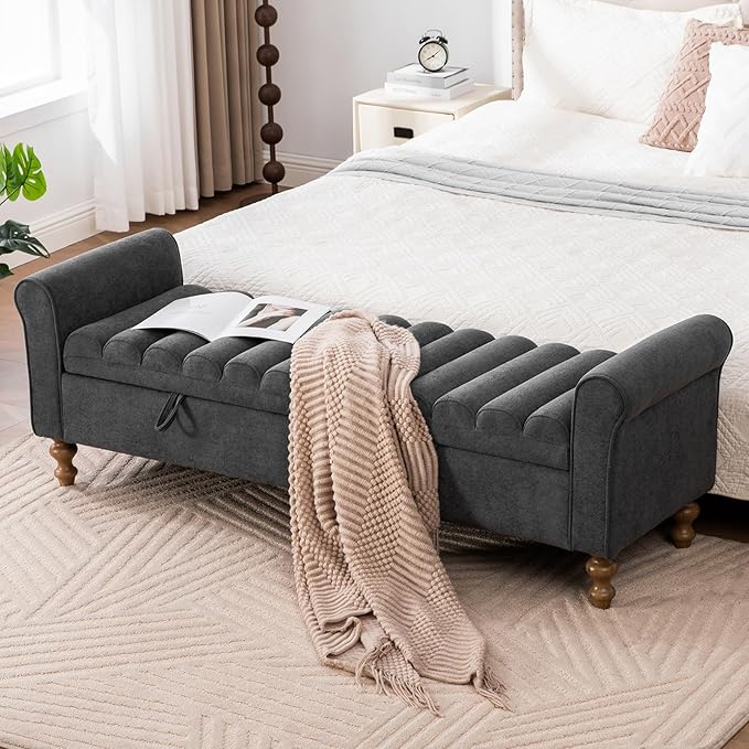 65" Oversize Storage Ottoman Bench, Fleece Upholstered End of Bed Benches with Rolled Armrest, Modern King Size Benches with Rolled Armrest, Window Bench (Charcoal +Single-Cover)