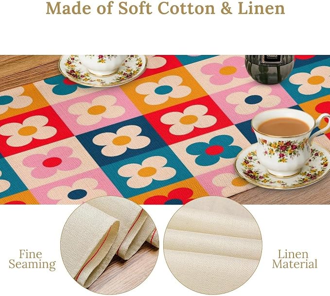 Retro Floral Checkered Table Runner Vintage Gardern Flowers Groovy Trendy Hippie Grid Farmhouse Country Dinner Runner for Home Kitchen Dining Table Party Holiday Decor 13"x60"
