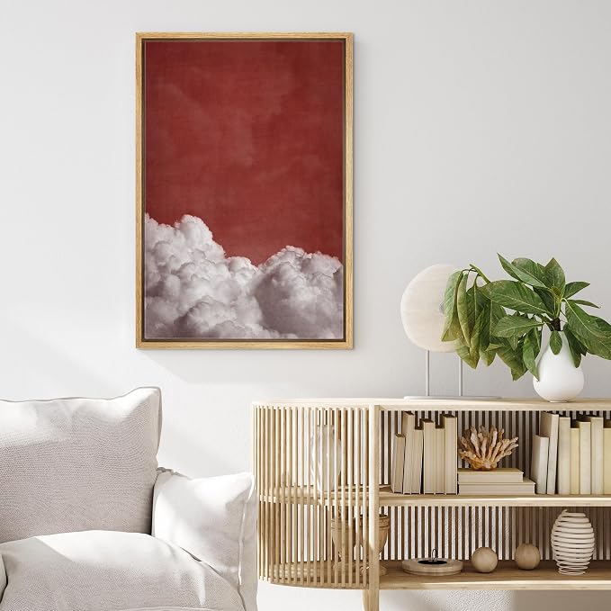 MUDECOR Framed Canvas Print Wall Art Dramatic Red Sky & White Clouds Modern Cloudscape Illustrations Digital Art Decorative Bohemian Contemporary for Bedroom - 16"x24" Natural