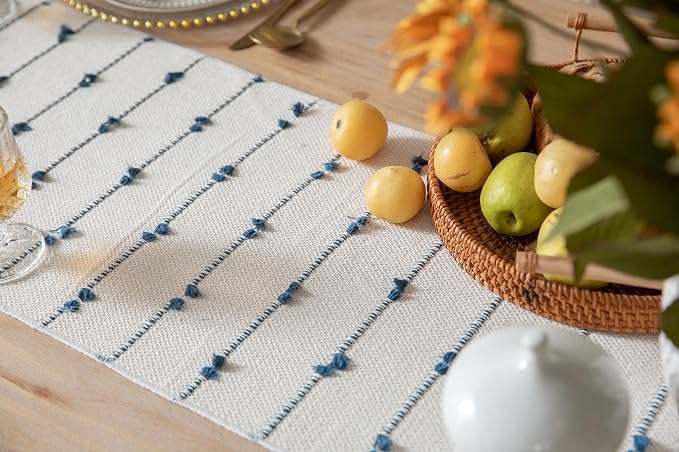 Caflife Boho Table Runner 72 Inchs Long for Modern Farmhouse Room Home Decor, Blue and Beige Coffee Table Runner, Natural Cotton Woven with Tassels Neutral, for Kitchen Dining Table Decor