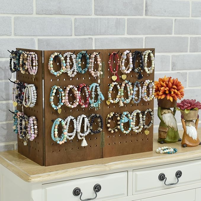 MOOCA Wall-Mountable Wooden Foldable 3-Panel Pegboard Jewelry Display Organizer with 48 Removable Black Hooks, Vertical or Horizontal Display, Ideal for Travel, Brown Color