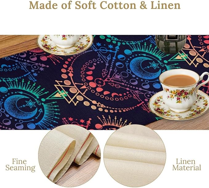 Magic Astrology Table Runner, Colorful Mystical Celestial Moon Star Boho Zodiac Table Runner for Kitchen Dining Picnic Party Wedding Decor, 13x120 Inch