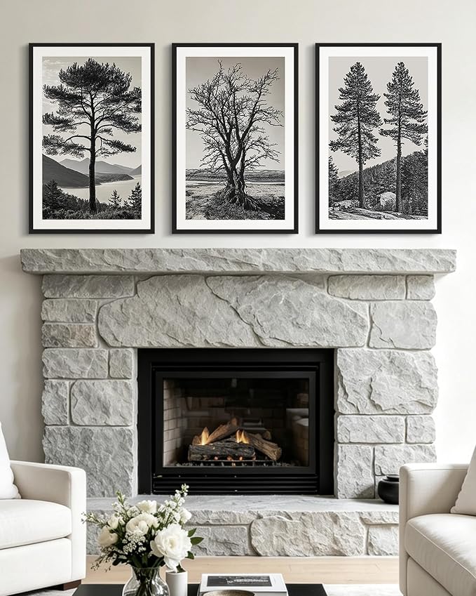 KUVIOKE Vintage Tree Framed Canvas Wall Art Black and White Retro Antique Forest Drawings Nature Wilderness Sketch Wall Painting Modern Decor 16x24in (Black Framed)