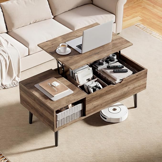 OLIXIS Wooden Coffee Table, Lift Top Coffee Table with Large Hidden Compartment and Ample Storage Shelf, Lift Tabletop Dining Table for Living Room, Home Small Space, Grey