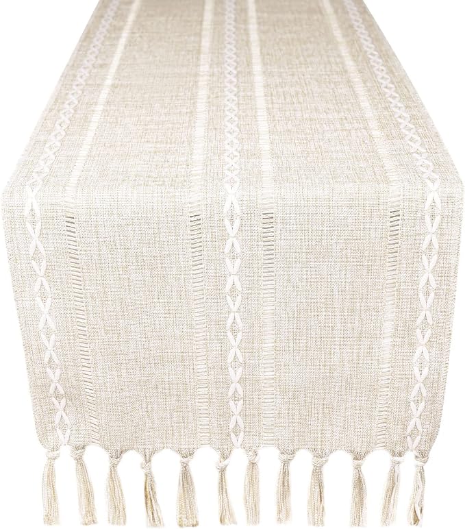 Yicorgard Boho Table Runner Rustic Style 13“ x 120”, Cream Braided Farmhouse Linen Table Runner 120 Inches Long with Tassels for Dining Room Kitchen