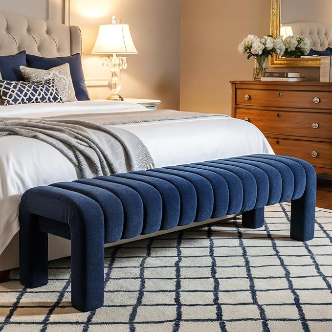 63" Bedroom Bench, Upholstered Entryway Bench, Modern End of Bed Ottoman with Solid Wood Legs and Adjustable Foot Pegs for Entryway, Dining Room and Living Room (Blue Chenille)