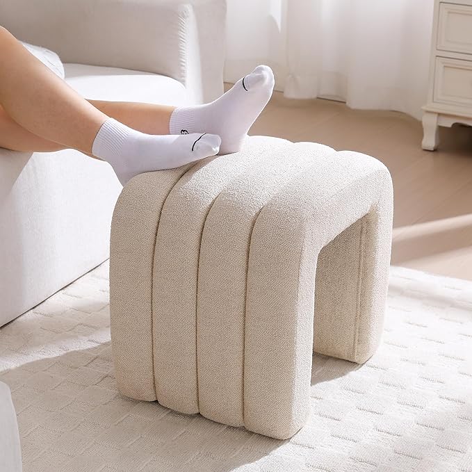 Multi-Functional Ottoman Stool, Footrest for Couch, Modern Vanity Stool for Make-up Room, Living Room and Entryway, Small Cute Footstool (Beige Linen)