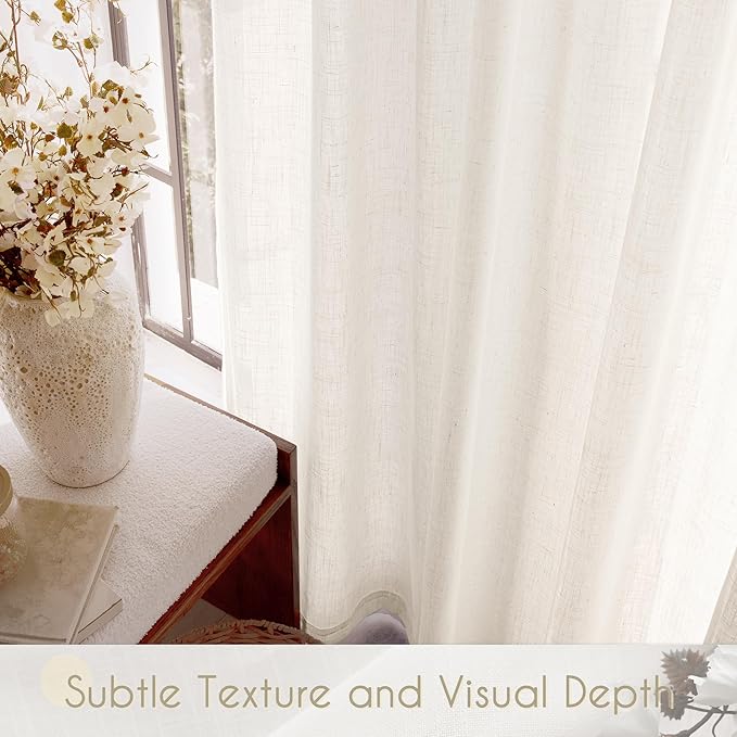 2 Panels Set Cream Linen Curtains 108 inches Long For Living Room Neutral Farmhouse Light Filtering Semi Sheer Linen Drapes 108 inch Ceiling To Floor For Large Window Villa Hallway Ivory FT 60x108