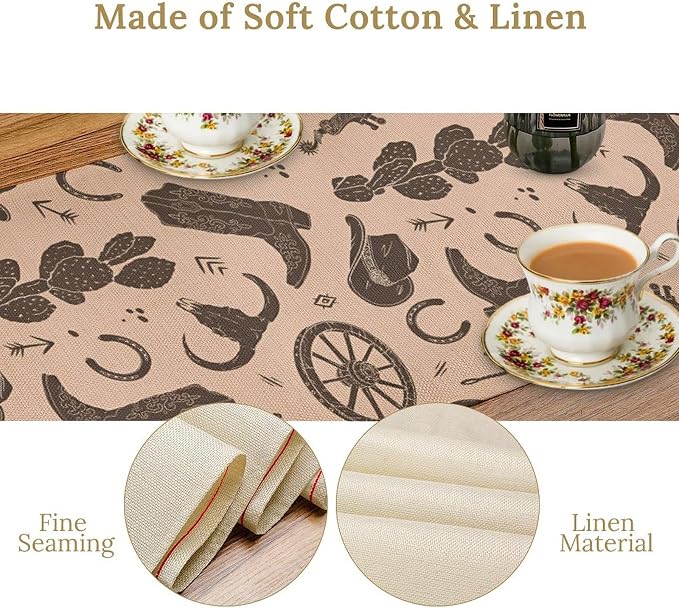 Rustic Western Table Runner, Vintage Cowboy Boots Hats Cow Skull Print Table Decoration for Kitchen Dining Indoor Outdoor Party Decor, 13x108 Inch