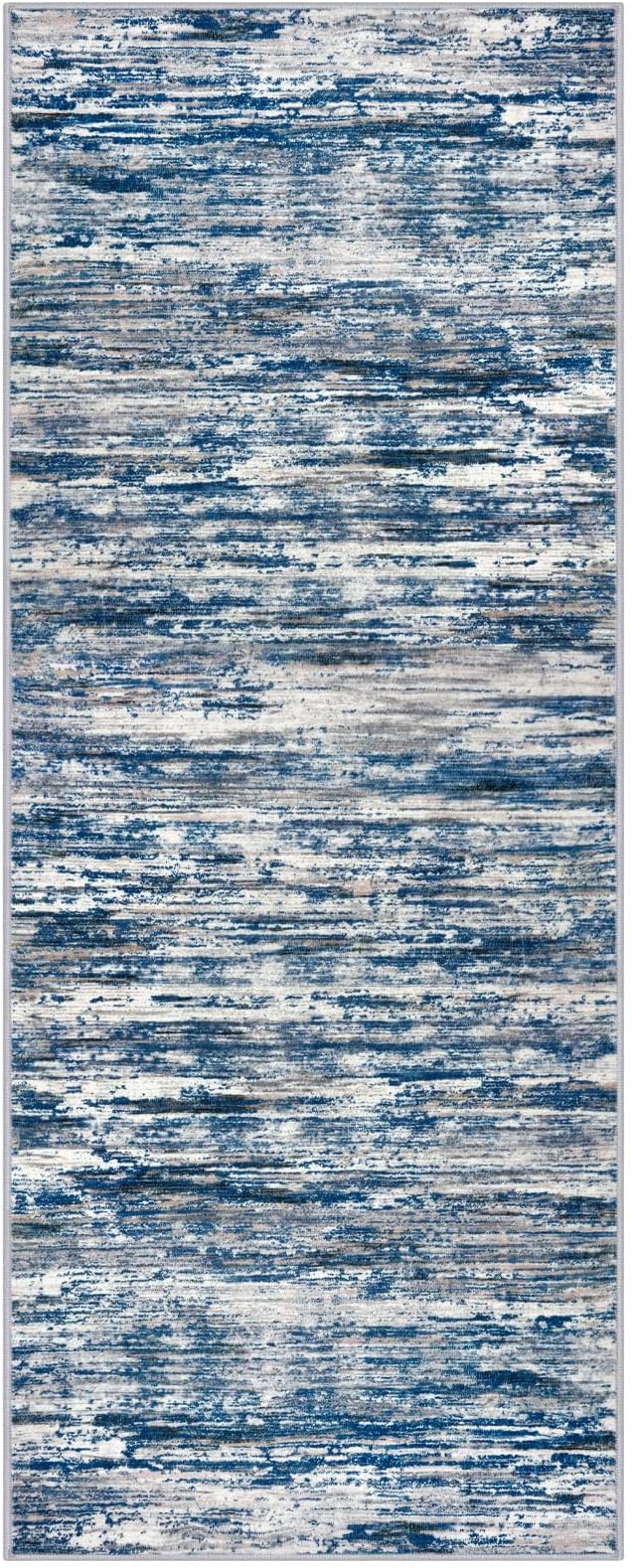 SIILOOM 2x5 Modern Abstract Runner Rug for Hallways, Navy Blue Gray Neutral Multi Super Soft Hallway Decor Kitchen Rugs with Non-Slip, Non-Shedding Washable Rug for Hallways Entryway Bedroom Indoor