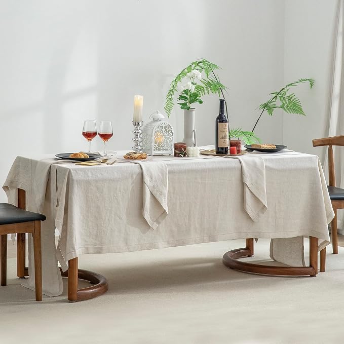 EVERLY Pure Linen Hemstitch Tablecloth,100% Stonewashed French Linen tablecloths for Kitchen Dining Rectangle Tables,60x84Inch Machine Washable Christmas Thanksgiving Organic Tablecloth-Natural Linen