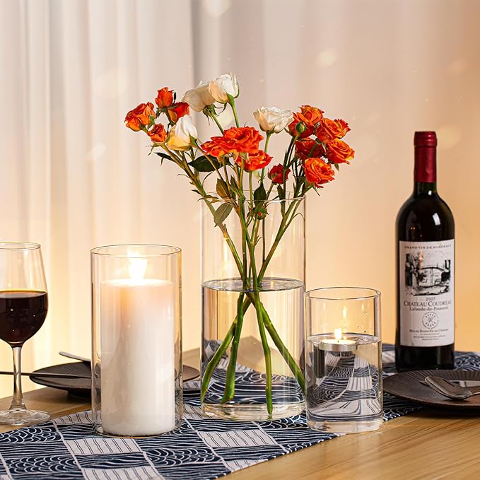 PHOSPHOR Hurricane Candle HoldersFor Pillar Candle Clear Glass Cylinder Centerpieces Vases Table Decoration Centerpiece Floral Room Decor Clear Seeded Bubbles Living Dining Kitchen 3 Pieces