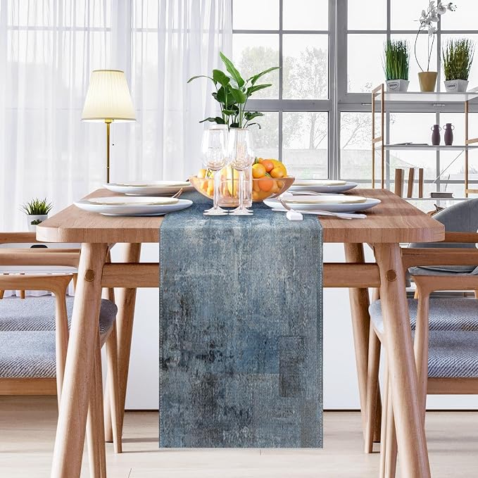 Emvency Farmhouse Style Table Runner, Abstract Art Painting Denim Blue Dining Decor for Kitchen Coffee Table Family Dinners Holiday Parties Wedding Events Decor(13x60 inch)