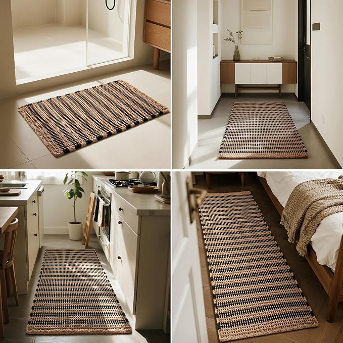 Triohero Waffle Runner Bath Mat - Long Bathroom Rugs Non Slip Washable, Ultra Soft Super Absorbent Quick Dry Boho Farmhouse Bathroom Decor, 24" x 72", Khaki & Black