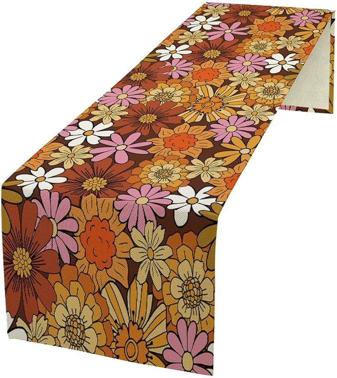 Retro 70s Floral Table Runner Hippie Summer Groovy Boho 60s Flower Dinner Runner for Home Kitchen Dining Table Party Decor 13"x108"