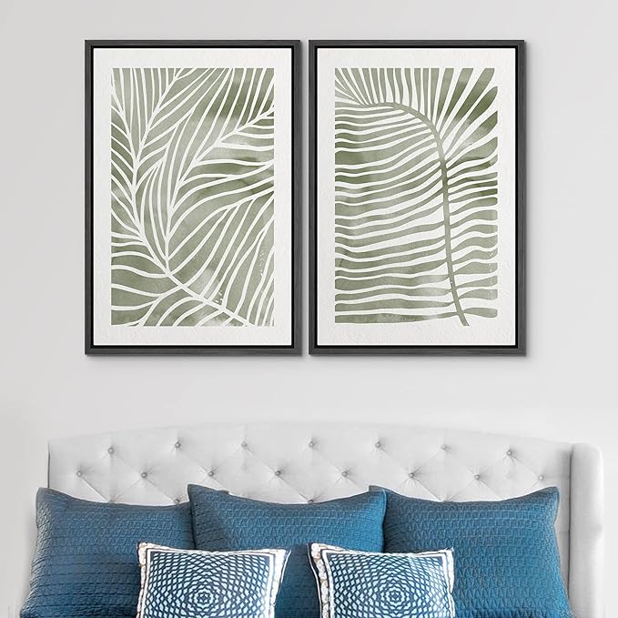 SIGNWIN Canvas Print Wall Art Set Green White Tropical Island Palm Leaves Nature Wilderness Illustrations Modern Art Rustic Multicolor for Living Room, Bedroom, Office - 24"x36"x2 Black