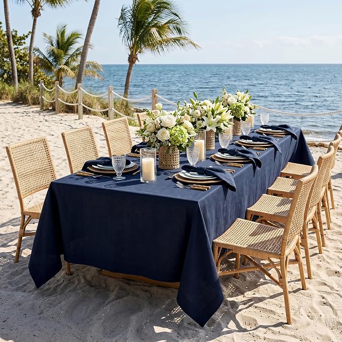 Solino Home Linen Navy Blue Tablecloth 60 x 132 Inch - 100% Pure Linen Rectangular Tablecloth - Machine Washable Table Cloth for Summer, 4th of July - Fete