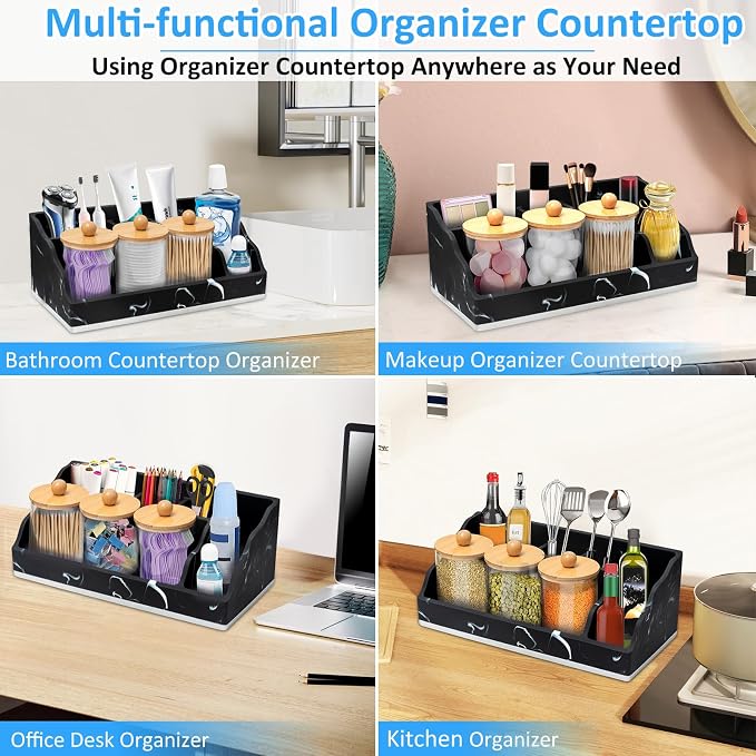 Bathroom Counter Organizer, Black Marble Toothbrush Holders for Bathrooms Organizer Countertop with 3PCS Qtip Holder, Toothbrush and Toothpaste Holder for Bathroom Organization Storage Vanity