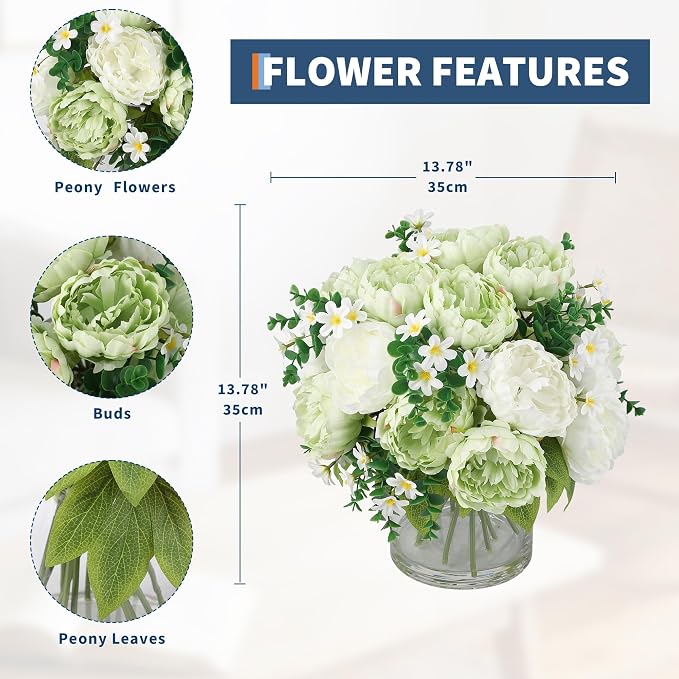 White & Green Mixed Peonies Bouquet, Silk Faux Peony with Glass Bottle and Faux Water for Home Decor Wedding Bouquets Table Centerpieces
