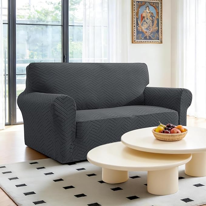 Stretch Sofa Slipcover 2 Cushion Couch Sofa Cover,55"-69" Non Slip Soft Couch Sofa Cover Washable Furniture Protector with Non Skid Foam and Elastic Bottom for Kids, Pets,Dark Gray