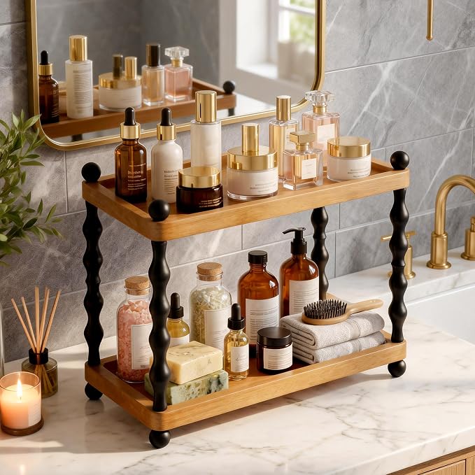 2 Tier Bathroom Counter Organizer, Wood Perfume Makeup & Skincare Organizers for Vanity, Retro Bathroom Sink Countertop Storage shelf for Corner, Kitchen and Coffee Station (Light Brown)