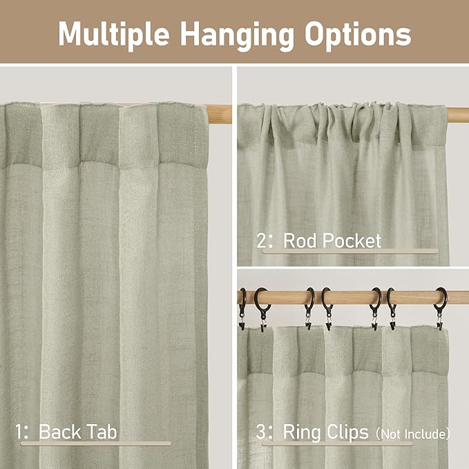 LAMIT Sage Grey Linen Kitchen Curtains 30 Inch Length, Semi Sheer Light Filtering Window Panels Back Tab and Rod Pocket Drapes for Basement/Small Windows, 34 x 30 Inch, 2 Panels