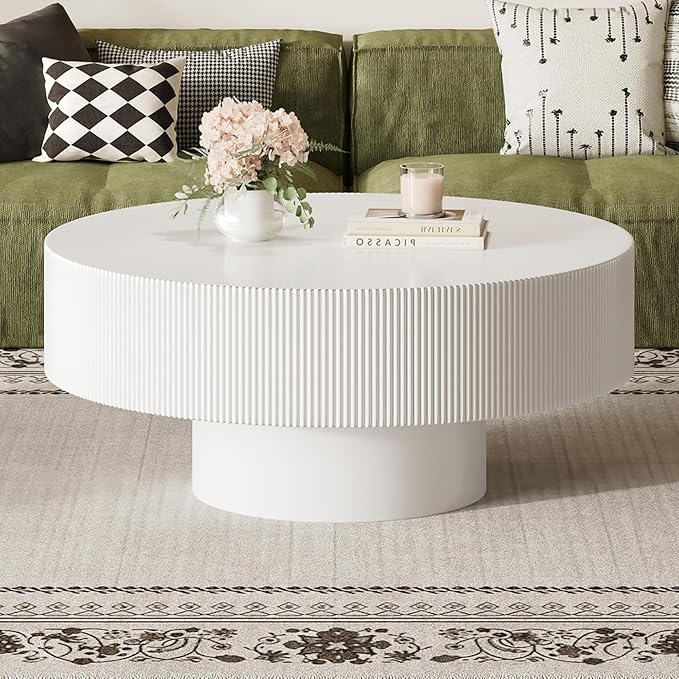 Merax Modern 35.4 Inch Round Large Coffee Table with Sturdy Base, Wood Center Table for Living Room Reception Room, Easy Assemble, White