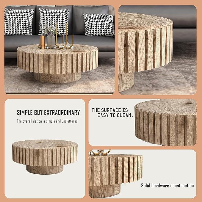 Circle Coffee Table 31.5" Rustic Round Wood Center Table Accent Drum End Tea Table for Living Room Apartment Small Space,with Fluted Relief Side, Natural