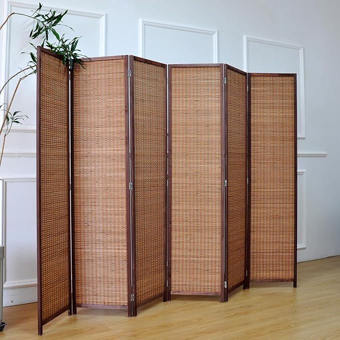 Furnnylane 6 Panel Bamboo Room Divider - 5.6 ft Tall Folding Privacy Screen for Room Separation, Natural Brown Freestanding Partition Wall for Home Office (67" H x 92.1" W)