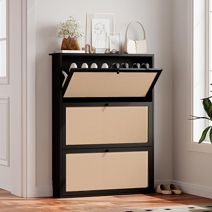 Narrow Shoe Storage Cabinet, 31.5" Slim Shoe Organizer with 3 Flip Drawer, Modern Hidden Shoes Cabinet for Entryway, Non-Divider Drawer Wood Shoe Storage for Hallway, Living Room (Black)