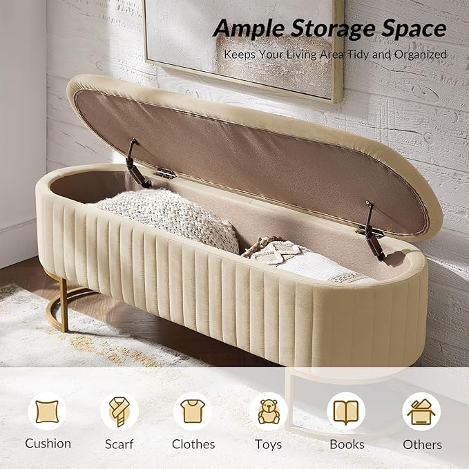 50.5” Velvet Storage Ottoman Bench with Gold-Toned Legs, Luxury Upholstered End of Bed Multi-Functional Footrest & Seat for Bedroom & Entryway