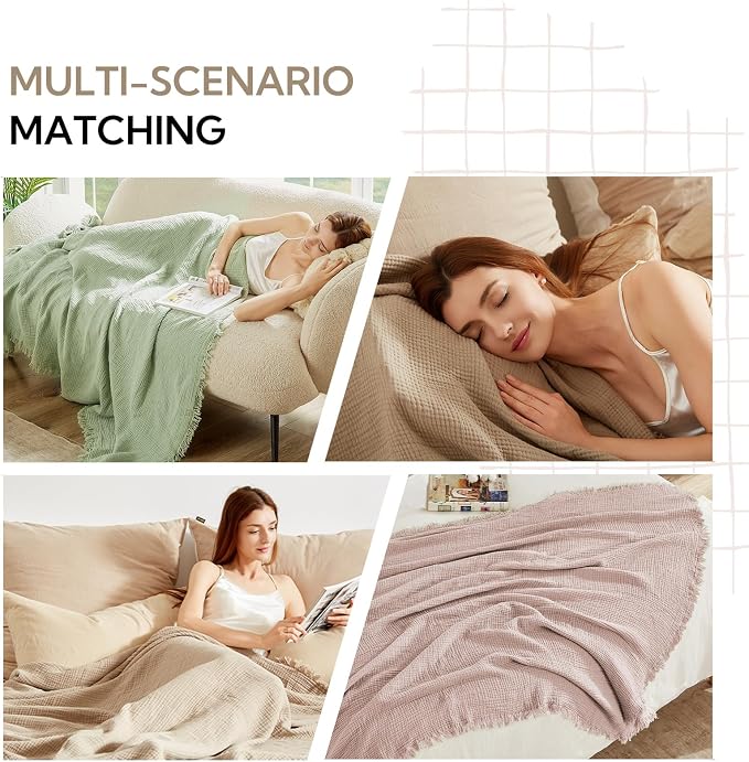 SOULFUL Muslin Throw Blanket with Tassels - Soft King Size Cotton Throw Blanket for Couch or Bed, Lightweight and Breathable Gauze for All Seasons, Light Tan, 108" x 90"