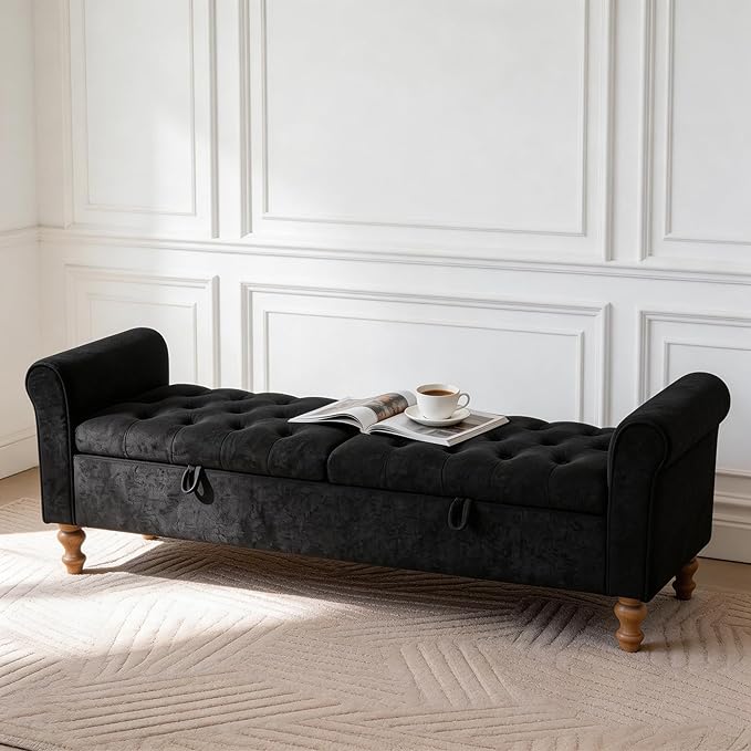 Aoiy & Wifon 65.75" W Large Storage Ottoman Bench, Modern King Size End of Bed Storage Bench with Wood Legs, Upholstered Window Bench for Bedroom, Living Room, Entryway, Black
