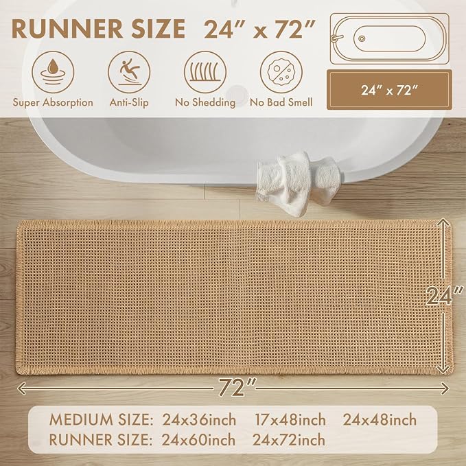MIULEE Waffle Bathroom Runner Rugs, Super Absorbent Non Slip Bath Rug, Upgraded Soft Quick Dry Washable Boho Long Bath Mat with Tassels for Hallway Laundry Room Bedroom, 2'x6' (24"x72"), Brown